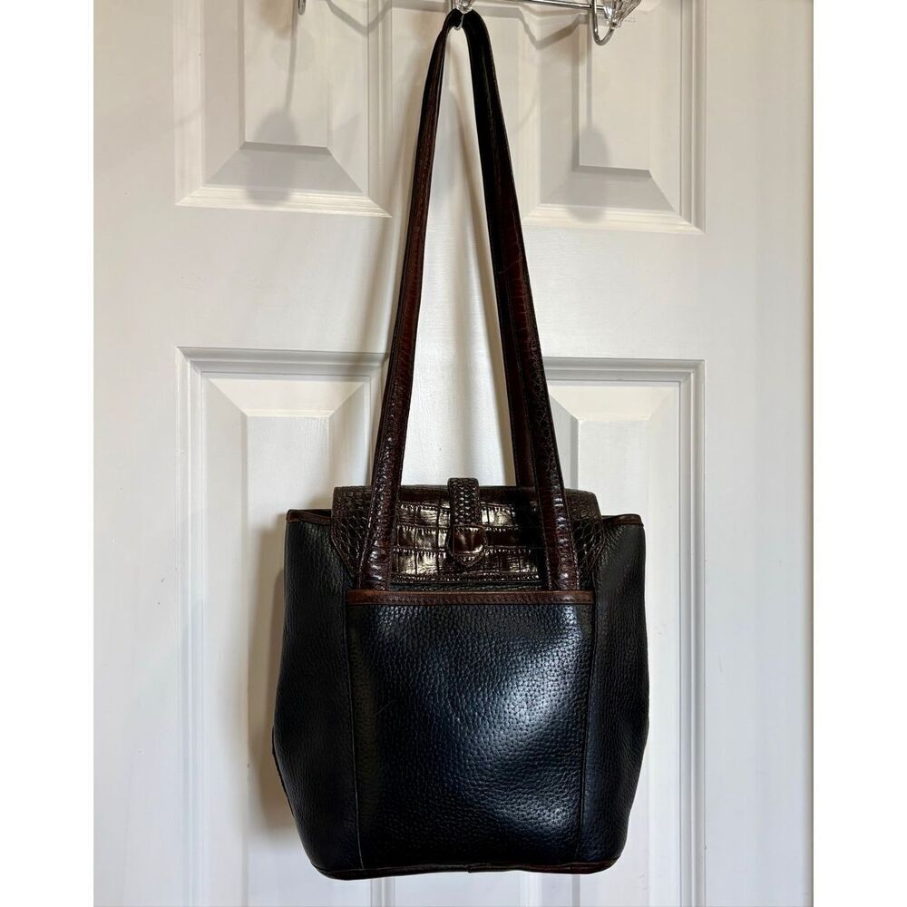 BRIGHTON 🎉2X HP🎉 Vintage Brown & Black Bucket Shoulder Bag/Croc-Embossed Detail - Picture 3 of 14